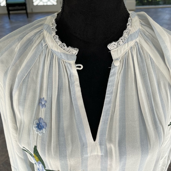 Anthropologie Carolina Blue+White Striped Blouse with Embroidered Flowers, Sz S - Picture 7 of 9